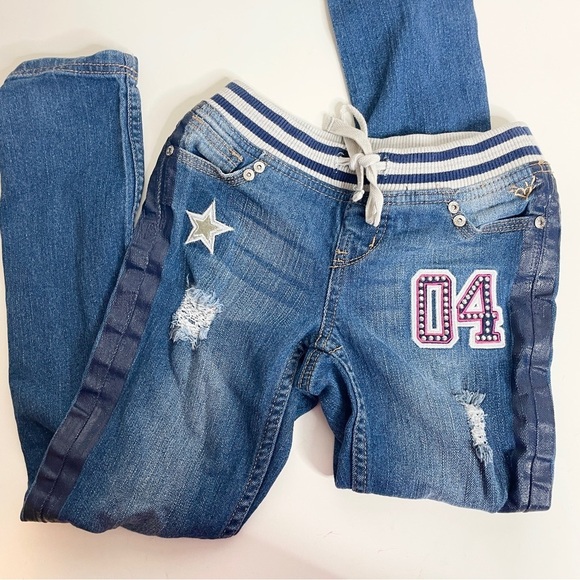 Justice Size 8 Girls Jeans Pull On Drawstring Simply Low Embellished Distressed - Picture 5 of 12